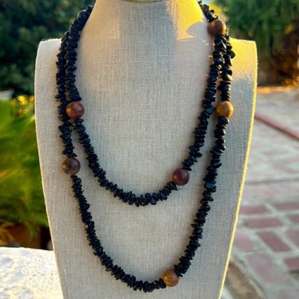 Vintage Natural Raw Black Onyx Chalcedony & Red Creek Jasper Necklace 39” - Picture 4 of 12